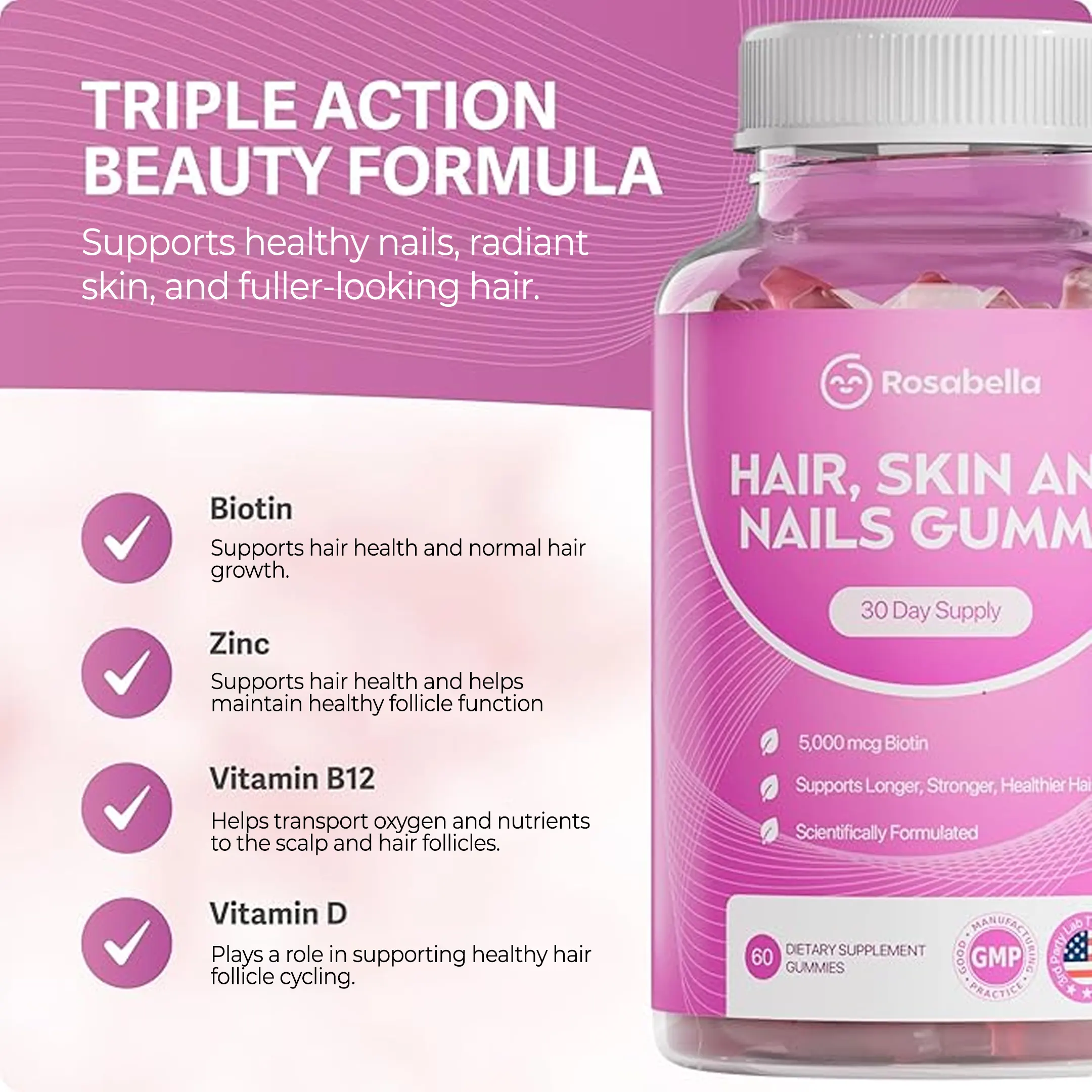 Rosabella Biotin Gummies (5000mg) for Hair, Skin & Nails Growth- - Image 3